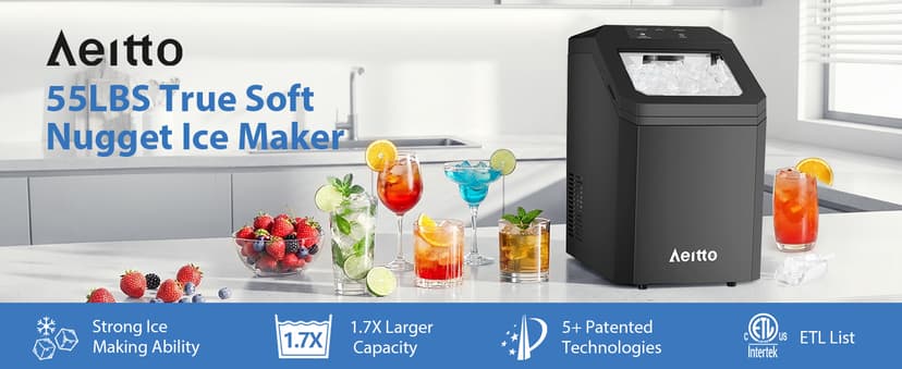 Aeitto Nugget Ice Maker Countertop, 55lbs/Day, Rapid Ice Release in 5 Mins, Large Capacity Chewable Ice Maker, Self-Cleaning with Stainless Steel Housing Ice Machine for Home Office and Party, Black
