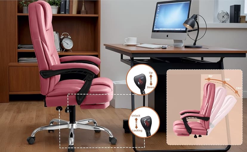 Shahoo Executive Office Chair with Massage, Ergonomic Reclining High Back Leather Seats with Footrest and Lumbar Support, Big and Tall, 400Lbs Heavy Duty, Pink