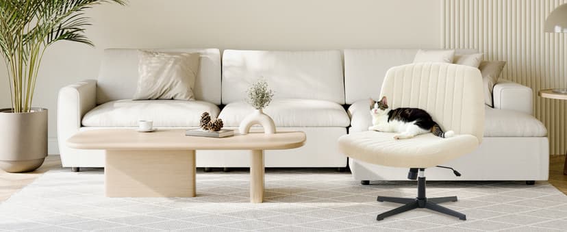 Orange Factory Criss Cross Chair No Wheel Wide Cross Legged Office Desk Vanity Chair Comfy Fabric Armless Adjustable Swivel for Home Computer Task (Beige No Wheel, Classic Fabric)