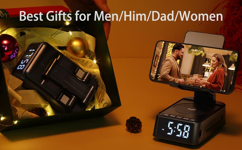 Gifts for Men Women, Phone Stand with Bluetooth Speaker&Clock, Birthday Gifts for Him, Phone Holder with Wireless Speaker, Ideal for Dad Mom Husband Boy, Cool Tech Gadget for Men