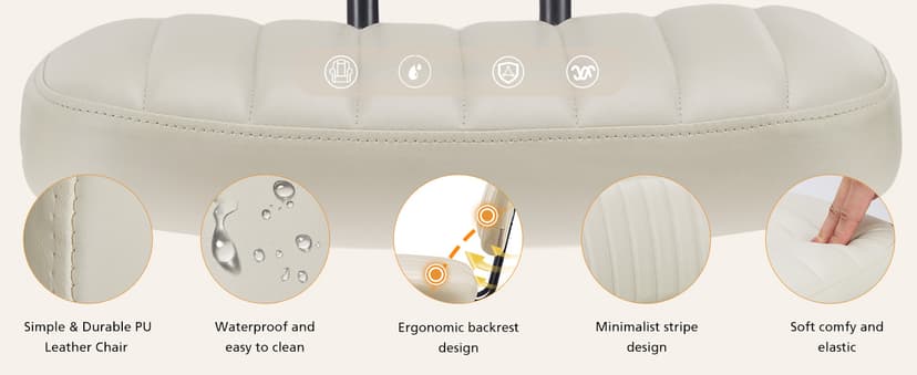 Sweetcrispy Small Office Desk Chair - Armless PU Leather with Comfy Lumbar Support, Height Adjustable Rolling Swivel Task for No Arms, for Adult, Student, Bedroom, Home, Vanity, Beige White