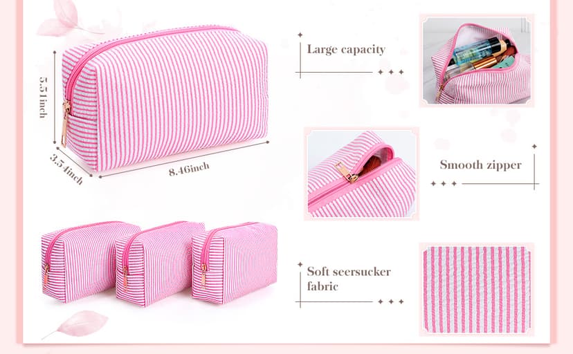 Makeup Bags Women Pouch, Large Preppy Storage Toiletry Travel Pouch for Wedding Bridesmaid Bride Favor Back to Teacher Gift Sanwuta 6 Pcs Seersucker Cosmetic Bags Bulk, Striped Zippered,Khaki B0FXMF4P4J
