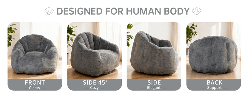 Bean Bag Chair, Giant Beanbag Chiars for Adults, Faux Fur Shell-Shaped Floor Sofa with Filler, Comfy Chair for Reading, Gaming and Relax (Grey)