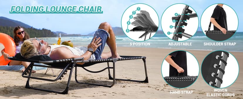 #WEJOY Folding Lounge Chair Outdoor, 5-Position Adjustable Sunbathing Tanning Chair with Shoulder Strap & Side Pocket, Heavy Duty Reclining Chair for Patio Pool Camping, Portable Folding Bed Cot,Blue