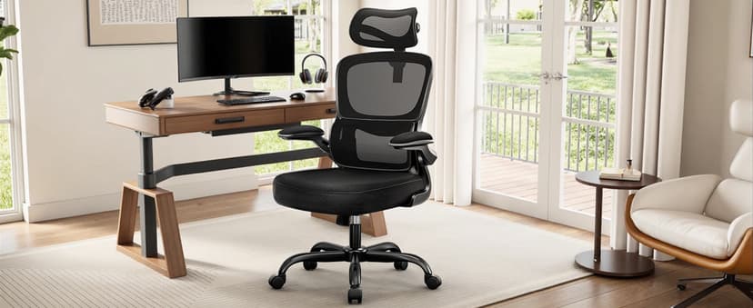 BESTFAIR High Back Ergonomic Office Chair, Breathable Mesh Desk Chair with Lumbar Support, Adjustable Headrest, Flip-up Armrests, Computer Gaming Chair, (Black)