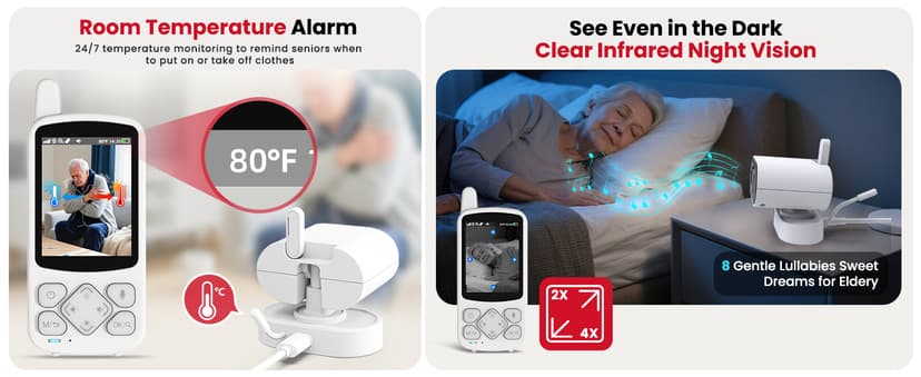 CallToU 2-Way Talk Baby Monitors for Elderly with Call Button Room Monitors for Elderly Monitor with Camera and Audio Night Vision Video Monitor for Elderly Seniors Dementia Patients No WiFi