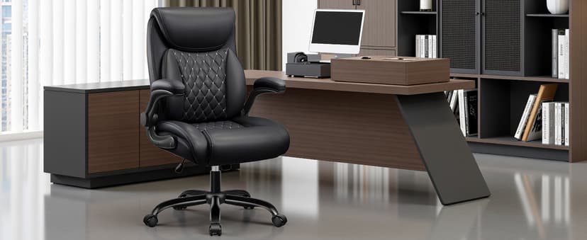 BESTFAIR Office Chair, Ergonomic Computer Desk Chairs with Lumbar Support for Lower Back Pain Relief, Executive Leather Home Chair Comfy with Padded Flip-up Armrests, Black