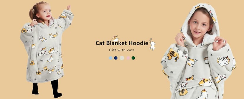 KFUBUO Wearable Blanket Hoodie for Kids Sherpa Patterns Oversized Sweatshirt Blanket With Pocket 6-10 Year Old Girl Boy Birthday Gifts Cat
