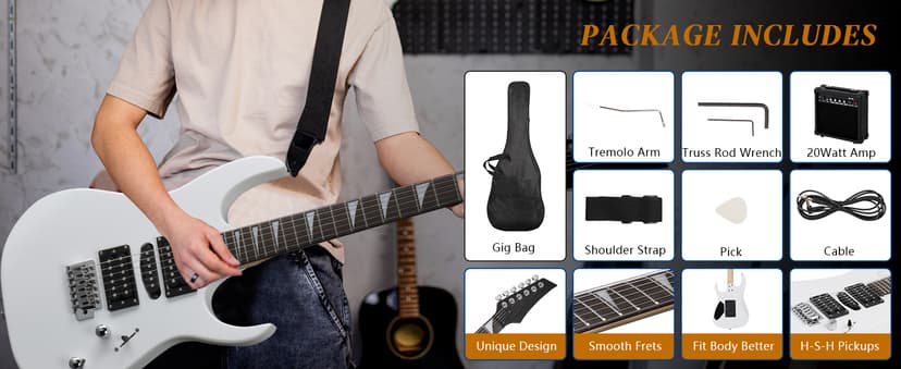 Ktaxon 39" Electric Guitar with 20Watt Amp, Full Size 170 Model Starter Guitar Kit for Beginners & Professionals W/Bag, Shoulder Strap, Wrench Tool, Plectrum - White