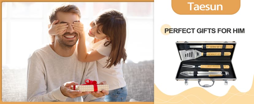 Grandpa Gifts from Grandkids, Fathers Day Grandpa Gift Heavy Duty Wooden BBQ Grilling Accessories Kit for Backyard, Thick Stainless Steel Grill Utensils with Non-Slip Handle Tools in Portable Bag