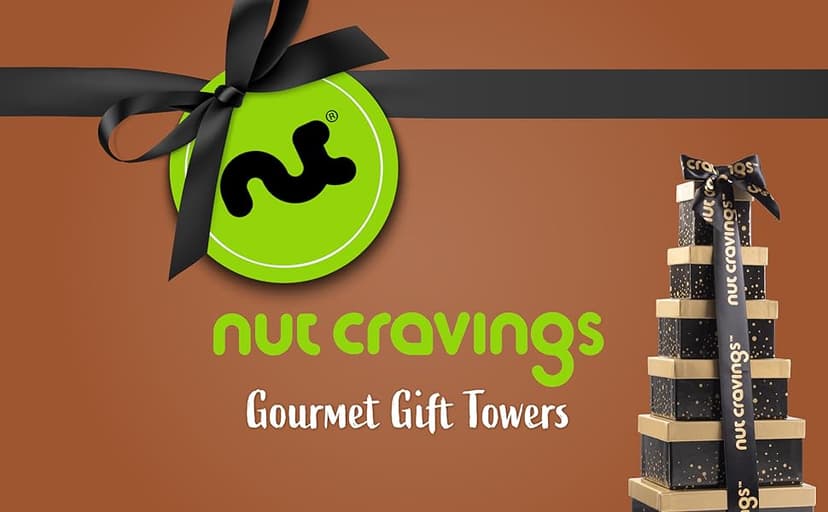 NUT CRAVINGS - Diwali Sweets Hamper Dried Fruit & Mixed Nuts Gift Basket in Black Tower + Ribbon (12 Assortments) Food Arrangement, Healthy Snack Care Package, Food Assortments