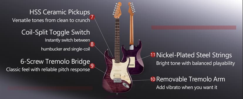 AKLOT Beginner Electric Guitar Kit: 10W Amp, Coil-Split HSS Pickups, Lesson Book, Roasted Maple Neck, Gig Bag, Tuner, Strap, Picks, Stryde Violet Venom
