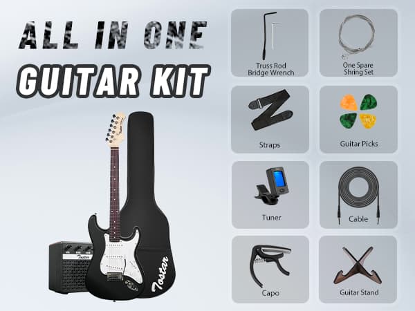 Tostar 39 Inch Full Size Electric Guitar Kit For Beginners And Adults,SSS Pickup Stratocaster Guitarra Electrica Set Includes Tremolo Bridge,Amp,Strings,Stand,Case Bag,Birthday Christmas Holiday Gifts