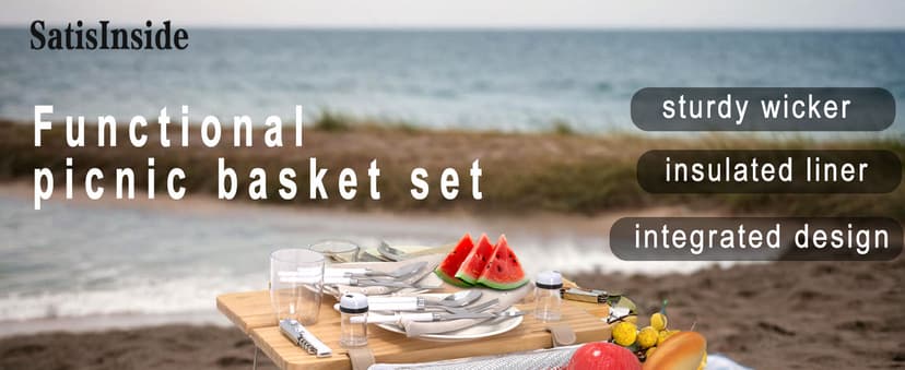 Multifunctional Wicker Picnic Basket Set for 2 with Blanket and Picnic Table, Insulated Picnic Set with Full Tablewares for Camping Outdoor Couples, Flowers B0D4Q11DMV