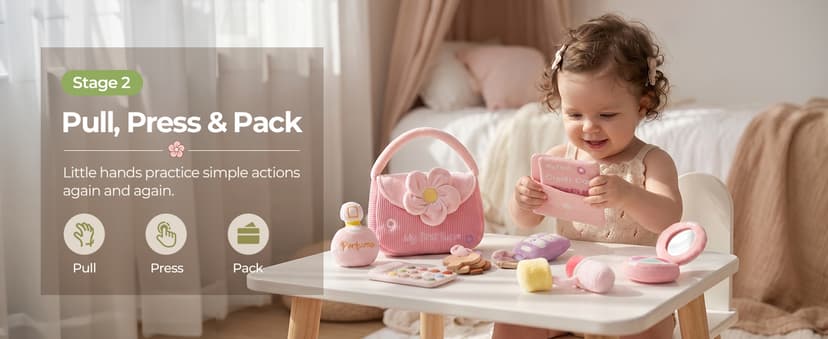 Teether Phone, Wooden Keys & Car Key, Soft Baby Purse with Mirror & Crinkle Card, Sensory Pretend Play, 1 Year Old Girl Gifts let's make My First Baby Purse, 10 Pcs Sensory Toy for Baby & Toddler Girls B0H151K19V