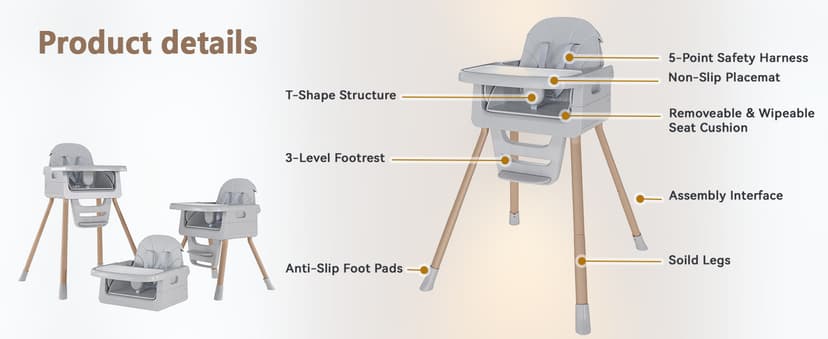 Baby High Chair for 6 Months+, Foldable High Chairs for Babies and Toddlers, Convertible High Chair, Adjustable Tray & Footrest, Portable High Chair & Easy to Clean(Grey with Wood Grain)