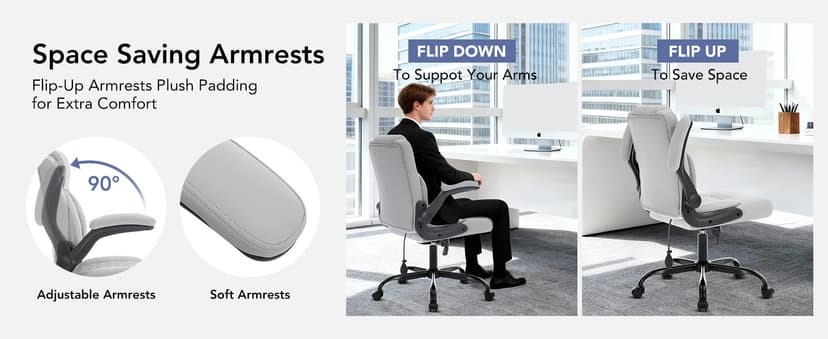 Office Chair with Adjustable Inflatable Lumbar Support,Leather Ergonomic Computer Desk Chair with Flip-up Arms,Adjustable Tilt Lock,Swivel Rolling Executive PC Chair for Work,Study,Meeting.Grey