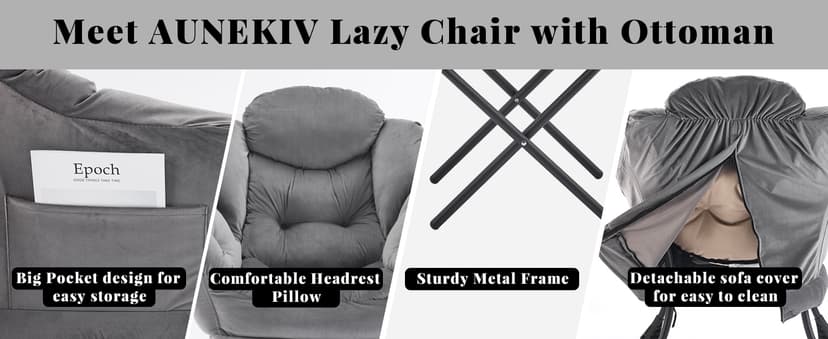 Lazy Chair with Ottoman, Comfy Accent Lounge Chair with Side Pocket, Modern Reading Armchair with Footrest, Upholstered Sofa Chair for Small Spaces, Bedroom, Living Room, Dorm, Darkgrey