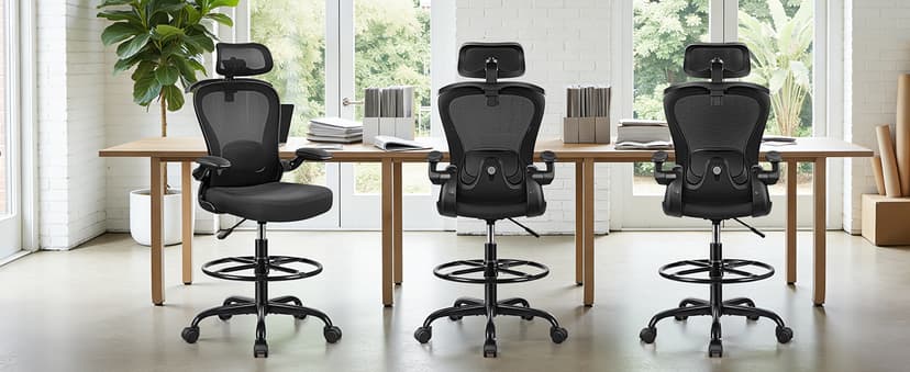 Drafting Chair, Tall Office Chair with 3D Lumbar & Head Support, Ergonomic Mesh Standing Desk Chair with Footring, Comfy Extended High Desk Chair with Flip-Up Arms & Hanger,Black