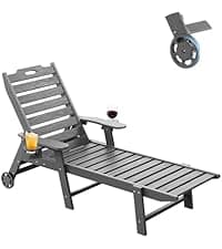 Carauci Lounge Chair Outdoor Set of 2, HDPE Chaise Lounge with Wheels, 5-Position Adjustable Backrest & 2 Cup Holders Patio Lounge Chair, All-Weather Pool Sun Lounger for Poolside, Backyard, Black