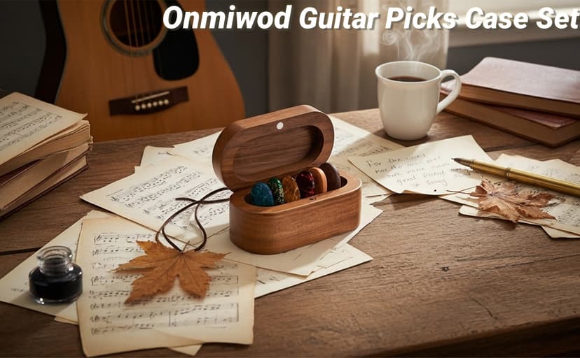 Onmiwod Guitar Pick Holder Set with 2 Color Wood Picks and 8 Celluloid Picks in 3 Thicknesses, Wooden Guitar Pick Case, Mini Jewelry Box, Guitar Music Accessories Gifts for Guitar Lover Player B0FMS2J7FV