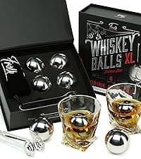 Gifts for Him - Men Dad Husband - 4 XL Stainless Steel Whisky Ice Balls, Special Tongs & Freezer Pouch in Luxury Gift Box for Whiskey Lovers!