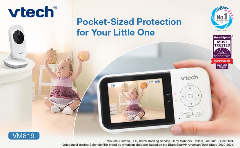 VTech Baby Monitor No WiFi – 19Hr Video Battery, 1000ft Range, Night Vision, Two-Way Talk, Temperature Sensor, Sound-Activated Screen, Lullabies | VM819