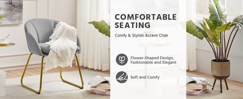 Yaheetech Flower Shape Velvet Vanity Chair, Modern Side Chair Armchair with Golden Metal Legs for Living Room/Dressing Room/Bedroom/Home Office/Kitchen, Gray