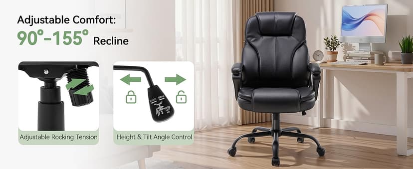 Ergonomic Office Chair with High Back, Comfy Desk Chair, Adjustable Executive Office Chair for Home Office, Big and Tall Computer Chair Heavy Duty, 360° Swivel, Faux Leather Black