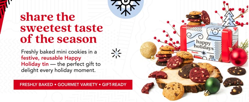 David's Cookies Happy Holidays Mini Cookies in Sweet Sampler Tin - Assorted Mini Christmas Cookies with Chocolate & White Chocolate Chip and Red Velvet - Gourmet Cookie Gift Basket for Christmas 14oz