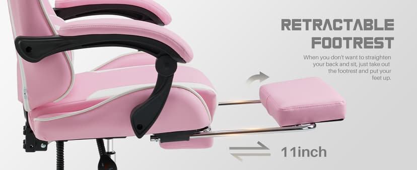 DUMOS Ergonomic Gaming Office Desk Chair with Footrest and Headrest for Adults, PU Leather Video Computer Chair with Linkage Armrests, Height Adjustable 360° Swivel Recling Chair, White Pink
