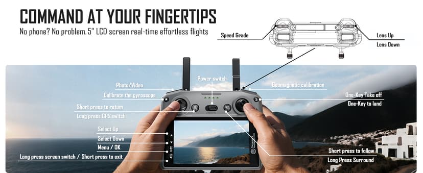 GPS Drone with 4K Camera for Adults, FPV RC Quadcopter, 5-inch LCD Tablet Screen, Auto Return, GPS Follow, Circle Fly, 60-min Flight Time,Brushless Motor, Lightweight Foldable Drone for Beginners