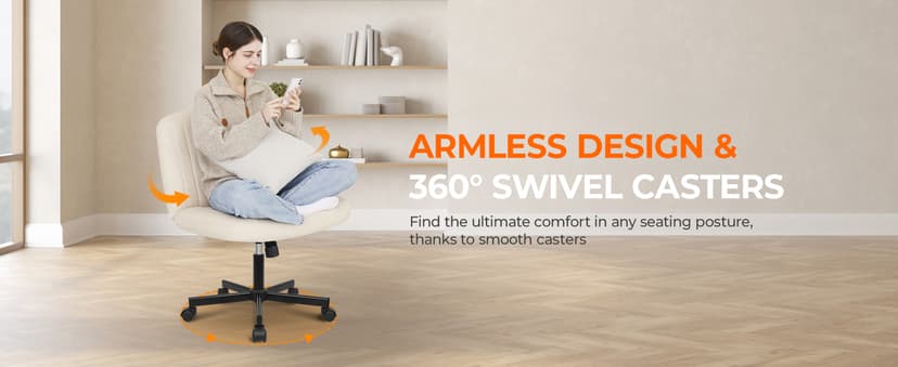 Orange Factory Criss Cross Chair Wheels Wide Cross Legged Office Desk Vanity Chair Comfy Fabric Armless Adjustable Swivel for Home Computer Task (Beige Wheel, Fabric)
