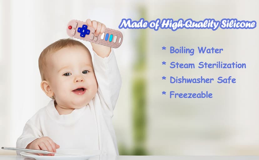 ROBBEAR Baby Teething Toys, Food Grade Silicone Teether for Babies 3 6 12 18 Months, TV Remote Shape Toddlers Chew Toys, Freezer BPA Free (Pink RC)