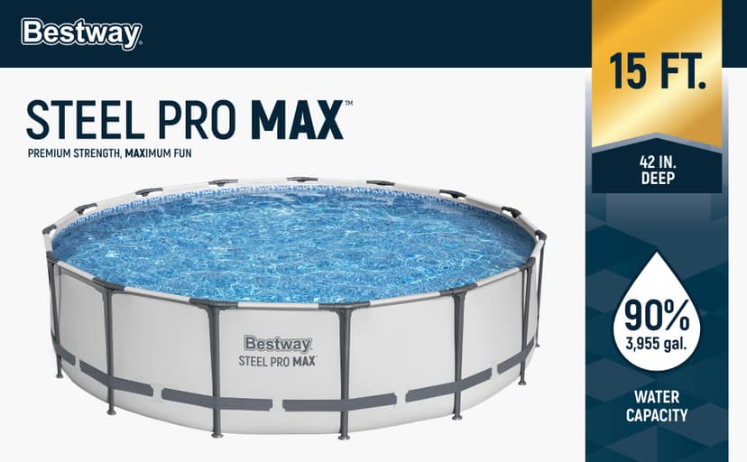 Bestway Steel Pro MAX 15' x 42" Above Ground Pool, Round Metal Frame Outdoor Swimming Pool Set with Filter Pump, Ladder, and Cover, Gray