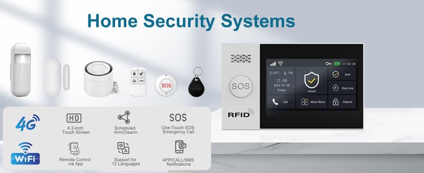 WiFi Wireless Alarm System for Home Security - 24/7 Protection Smart Home Devices 4.3" Touch Screen, GSM/4G+WiFi, App Instant Alerts, No Monthly Fee, Alexa Compatible for Villa, Kids Safety (24 pcs)