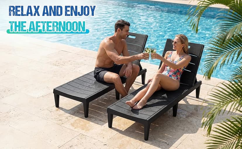 Greesum Outdoor Chaise Lounge Chairs Set of 2 with 5-Position Adjustable Backrest, Waterproof PP Sun Loungers for Garden Pool Beach Patio Deck Sunbathing, Black