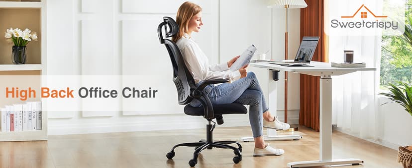 Sweetcrispy Home Office Managerial Executive Chair, High-Back Mesh with Adjustable Headrest, Flip-up Armrest Comfortable Lumbar Support, Comfy Arms for Bedroom,Study,Student