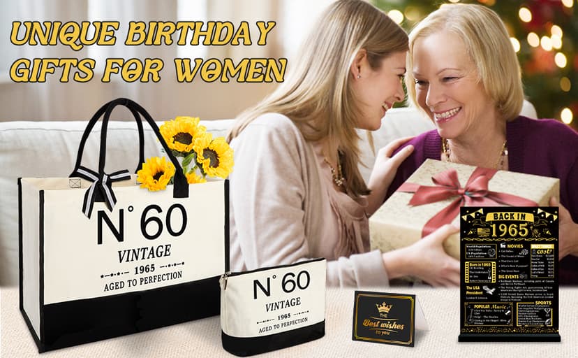 60th Birthday Gifts for Women Canvas Tote Bag Travel Gear, Unique 60 Years Old Gifts for Her Wife Sister Mom Aunt Friends, Vintage N60 Handbag & Cosmetic Bag & Back in 1965 Poster