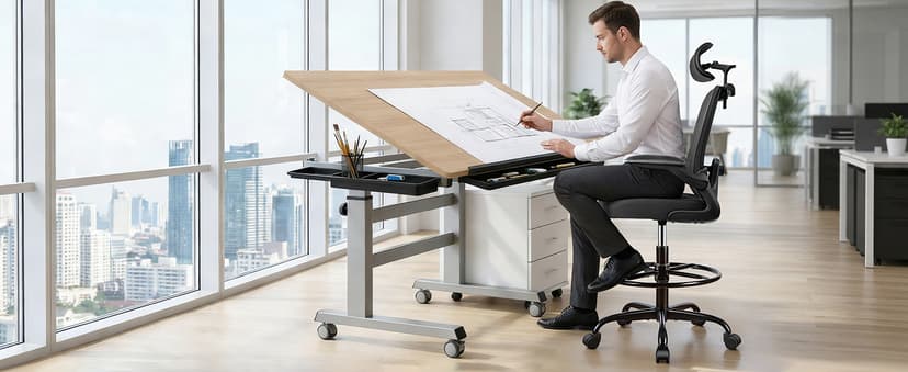 Drafting Chair, Tall Office Chair with 3D Lumbar & Head Support, Ergonomic Mesh Standing Desk Chair with Footring, Comfy Extended High Desk Chair with Flip-Up Arms & Hanger,Black