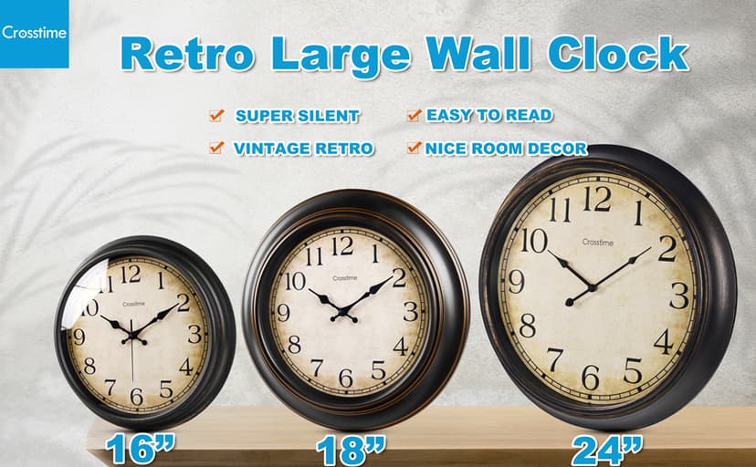 Crosstime 24 Inch Wall Clock Battery Operated Silent Round Vintage Large Wall Clocks for Living Room Farmhouse Decor, Black-Brown