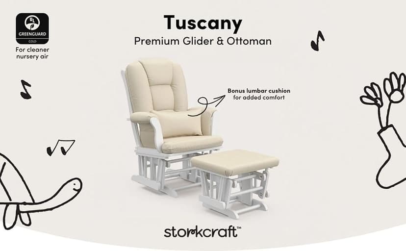 Storkcraft Tuscany Custom Glider and Ottoman with Free Lumbar Pillow (Espresso/Taupe Swirl) - Cleanable Upholstered Comfort Rocking Nursery Chair with Ottoman