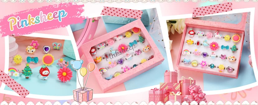 PinkSheep Little Girl Jewel Rings in Box, Adjustable, No Duplication, Girl Pretend Play and Dress Up Rings (24 Lovely Ring)