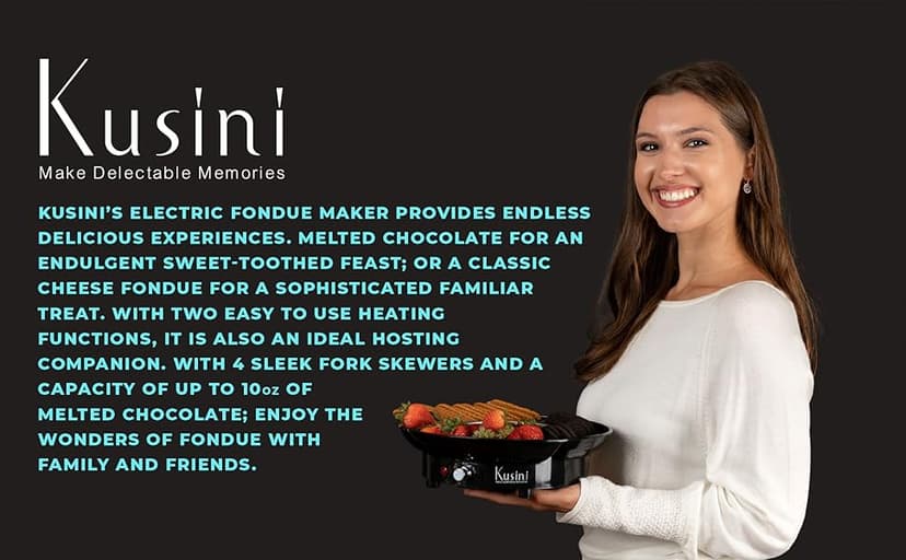 Kusini Electric Fondue Pot Set - Chocolate Fondue Kit - Temperature Control, Detachable Serving Trays, & 4 Roasting Forks - Gift Set & Date Night Idea. Serve at Movie Night or Game Night.