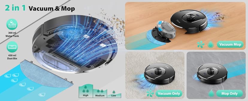 Tikom Robot Vacuum and Mop, 6000Pa Robotic Vacuum Cleaner with Self-Emptying Base, 90 Days Capacity, LiDAR Navigation, Home Mapping, Ideal for Pet Hair, Hard Floors, Carpet (L8000 Plus)