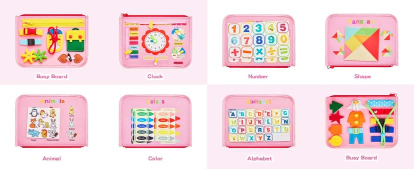 Montessori Busy Board for Toddlers 1-4 Years Old – Sensory Educational Toy for Fine Motor Skills, Travel-Friendly Activity Book, for Boys & Girls, Pink