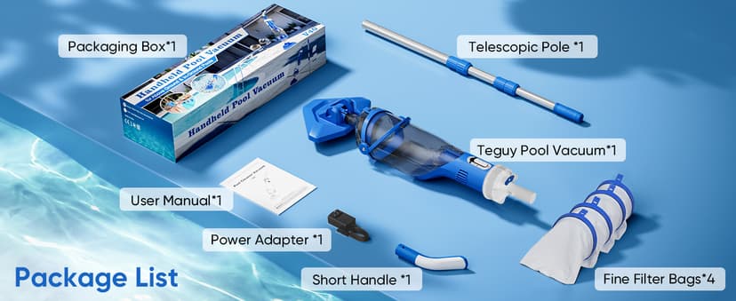 Cordless Pool Vacuum with Telescopic Pole, 18.5 GPM Powerful Suction, 1.5H Supercharge Technology, Handheld Rechargeable Pool Vacuum Cleaner for Above Ground/Inground Pools, Hot Tubs, Spas