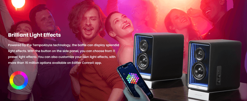 Edifier QR65 Desktop Active Monitor with 2.75" Long-Throw Aluminum Diaphragm mid-Low Drivers, Hi-Res Audio, Brilliant Light Effects, 70W Output Power Bluetooth Speakers with Stands - White