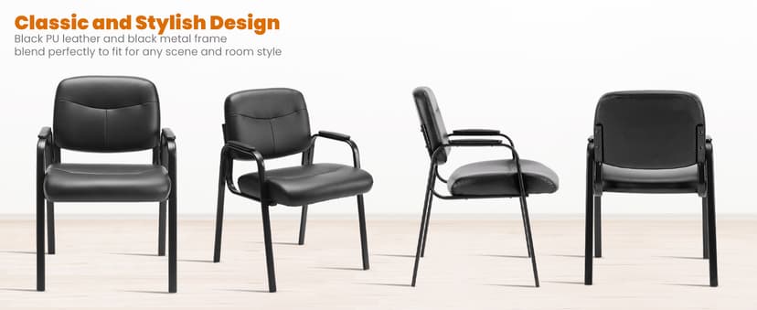 Sweetcrispy Office Reception Guest Chair No Wheels Set of 2, Leather Stationary Waiting Room Chairs with Padded Arms for Elderly Desk Conference Room Lobby Table Side Salon, Inky