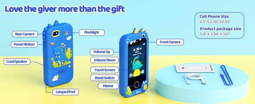 KOKODI Kids Smart Phone Toys, Birthday Gifts Idea Dinosaur Toys for 3 4 5 6 7 8 Year Old Boys, Touchscreen HD Digital Dual Video Camera, Preschool Learning Toy for Kids 3-5 Travel Trip Activity (Blue)